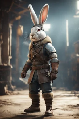 portrait of fast viking rabbit with helmet & boots in fallout 4 setting, bokeh, downlight, prize winning, depth of field, in the style of ivo caprino