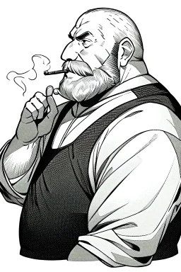 old man in profile smokes a cigar, shot hair, greyscale