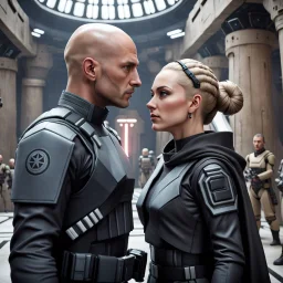 a bold and heroic bald male Corellian pilot in black and grey First Order special forces gear meets a female Jedi Master in ancient, mystical temple, hyperdetailed, dynamic lighting, hyperdetailed background, 8k resolution, volumetric lighting, light skin, fully symmetric details