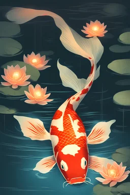 a night scene with a luminous koi carp, emitting light from within, floating on the surface of a water, water reflection