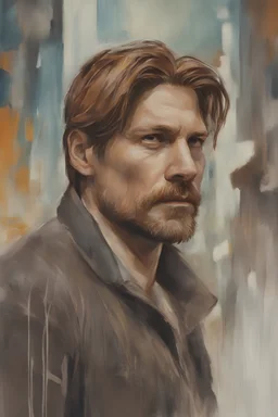 Shot Caller Nikolaj Coster-Waldau in the head Vision Pro Ginger hair Alexandra "Sasha" Aleksejevna Lussininof lovely bombshells Stocholm city oil paiting fantasy psychology dream, symptom, paiting style Artgerm Tim Burton style in the Stocholm city