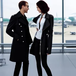 A tall slender young woman with short hair and a black trench coat passionately embraces her lover at airport