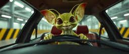 car driving happy 2d insect anime fluffy slimy alien gremlin man in the style of Escher and Giger and Fallout 4, pinhole cam, airbrush 3d rendering, on tv screen:A five-second cinematic single take in a clean industrial presentation hall.