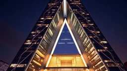 Skyscraper shaped like the letter 'A', with steel diagonal beams and a massive triangular atrium at its core, glowing at night.