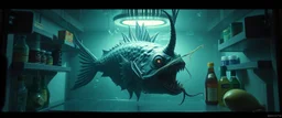 final boss fish demon in the fridge in the style of giger and escher