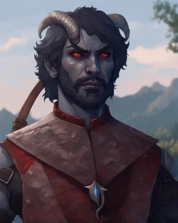 fantasy demon tiefling horned, small ram horns, rogue criminal, gunslinger pirate pistol, gray ashen skin, pirate gear, red eyes, black neck length hair, short black beard