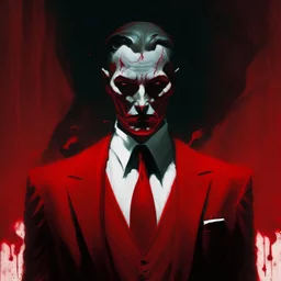 a sinister figure wearing a red suit with a red tie and a priest's collar with no face and dirty slicked back hair