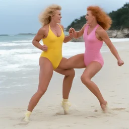 (from the 90ties movie "catfight on the beach") two women fighting on the beach: the blond has a yellow high cut leotard, the redhead has a pink high cut leotard.