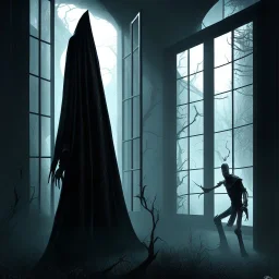 Tall thin Creepy Dark black figure scratching the outer window pering inside,horror , dark fantasy