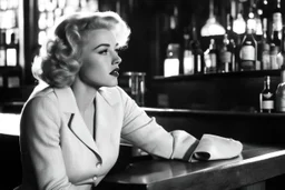 a profile view of Norma Jeane, a.k.a. the young Marilyn Monroe, She is sitting at a bar, elegant and sad, on a high stool. It is noon, and the light is streaming in, she is sad