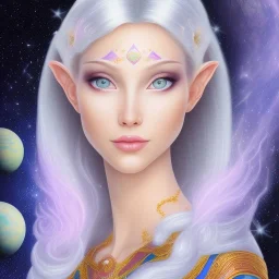 cosmic mage, elf, female, cosmic magic, long ears, white hair, face details, pale skin, jewellery, broad shoulders, sharp ears, cosmic clothes, cosmic eyes, ears shown, the cosmos in eyes, shining eyes, thin face, detailed ears, magical eyes, closed mouth, make up, smiling face, happy face, pointy ears