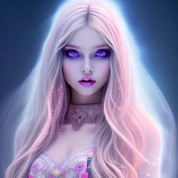 beautiful, soft, smiling face, whole head, long straight blonde hair blues eyes, crown on the head, clothing in transparent bluish and pink veil, background brillante bluish and pink, hight definition, 8K