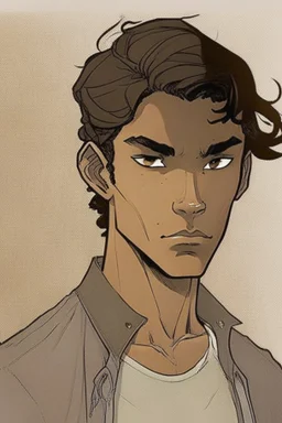 Appearance: Ari has a mixed-race skin tone with a light brown complexion. He has dark hair that falls in messy waves around his face, and his hair length could be somewhere in-between long and short. His face is thin with high cheekbones and dark eyes that are often full of emotion. He stands at around 5 feet 7 inches tall, with a lean build that suggests he doesn't engage in a lot of physical activity.