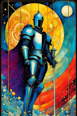 Create a chaotic abstract cubist Tarot Card depicting The Knight of Swords , with highly detailed facial features, in the style of Bill Sienkiewicz, Philippe Druillet, Gustav Klimt, and Jean Giraud Moebius, precisely drawn, colored and inked, with ornate bordered edges