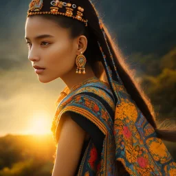 subtle indigenous, beautiful portrait, flowery landscape, light, sun