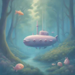 A submarine, large fish, and deer are in the forest. A small submarine glides through a forest. Fish swim among the trees. A puzzled deer watches, dreamlike pastel oil --v 6.0