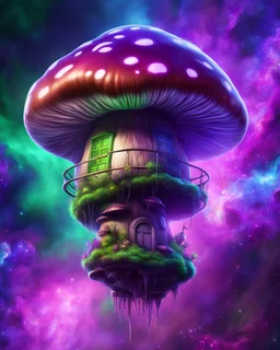 A floating island mushroom house in space. green blue purple cosmic, deep space nebulas. Detailed gloss Painting, bright color, fantastical, intricate detail, splash screen, hyperdetailed, insane depth, concept art, 8k resolution, trending on Artstation, Unreal Engine 5, color depth, backlit, splash art, dramatic, High Quality Whimsical Fun Imaginative, good composition