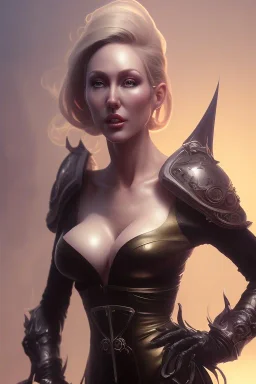 Brandi Love in black leather gown, evil, busty, cleavage, curvy, angry, happy, stern look. character design by cory loftis, fenghua zhong, ryohei hase, ismail inceoglu and ruan jia. unreal engine 5, artistic lighting, highly detailed, photorealistic, fantasy