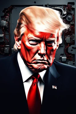 Portrait of Donald trump, realistic cyborg face, metal showing under skin, red eyes