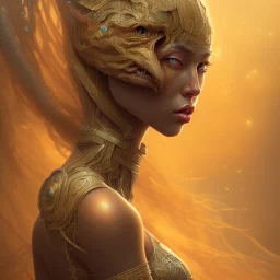 fantasy magic, intricate, sharp focus, illustration, highly detailed, digital painting, concept art, matte, masterpiece head sexy front view Hispanic beauty space lady golden carp skin one head African space night