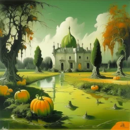 A light green swamp with pumpkins near a laboratory painted by Salvador Dali