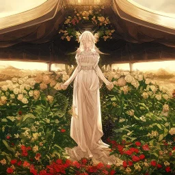 beautiful anime girl wearing a yellow and white dress ,standing in a meadow of flowers, spreading rose pedals on the ground