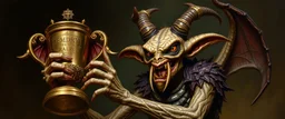 gremlin dark elf mind flayer beholder guy holding up the most retarded trophy, painted by Rembrandt