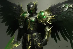 armadura negra y verde de alas de angel peleando con un angel dorado