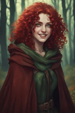 Evil eighteen-year-old girl, green eyes, blood-red curls, dressed in a brown cloak, smiling in the middle of the forest