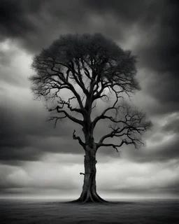 conceptual photo, art photo, illusion, fine arts, death, dark cloudy sky, surrealism, black and white, single tree