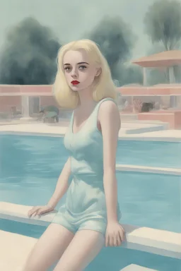1950s illustration of billie eilish, at the swimming pool, style of Marcel Marlier, pastel colors