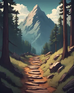 a path that leads to a mountain top, in a pine wood forest, in the style of video game art cover
