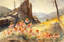 Sunny day, flowers, mountains, rocky land, fantasy, sci-fi, winslow homer watercolor paintings