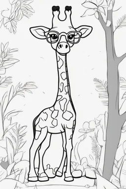 Outline art for cute coloring pages with giraffe with glasses, full body, white background, sketch style, only use outline, clean line art, no shadows and clear and well outlined.