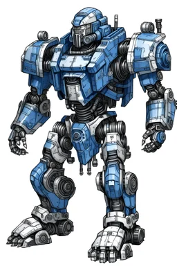 A picture of a bulky power armour piloted by one person. It is coloured blue and white