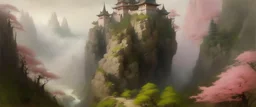 A pale pink castle near a gorge painted by Zhang Lu