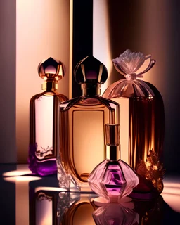 generate me an aesthetic photo of perfumes for Bottle Reflections: Showcase perfume bottles reflecting beautiful surroundings.