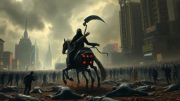 cyberpunk interpretation of Bruegel's "The Triumph of Death", capturing the symbolic "harvest" of humanity. this is terror. A dystopian metropolis under smog sky, where cybernetic grim reapers are executing physical harvest. Many of humans citizens killed an army of cyberwarrior androids and robots, panicking running people, many bodies lying on the ground. a cyber-death warrior in black hood with futuristic gun on a mechanical-robot horse, thriller, detailed, cinematic