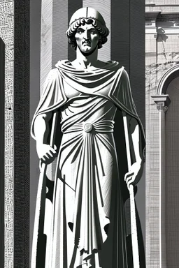 Architecture of ancient Rome of the II century AD Statues of ancient Roman gods contour reconstruction. The drawing is linear, in the style of vector graphics, black and white. High image quality in 8K