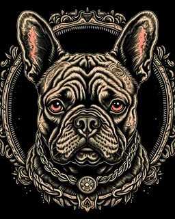 illustration of a French Bulldog, vector t-shirt art, ready to print, symbolic elements, vintage, retro, black background