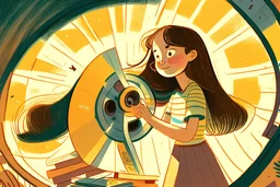 brunette girl cutting film reels in a study, children's book illustration in style of Brigette Barrager, Sven Nordqvist and Nicole Rubel in sunshine