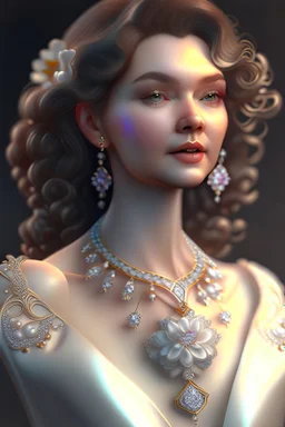 full body woman, from Russian Federation , elegant dress, elegant curled hair , 19 years old ,earring, nice make up,8k, Candid avant garde portrait, charming woman, wearing Lovely Flower Diamond Pendant, octane render 3d, plastic material