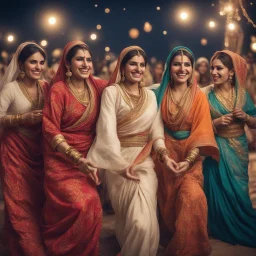 Hyper Realistic Traditional Pushto girls & women smiling & whirling with wearing traditional desi cloths at night in a cultural celebration with other people & lights