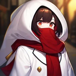 Clear focus, High resolution, rough line skecth, a anime kid, wearing a white coat with a red scarf over their mouth, basic