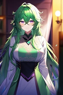 girl, masterpiece, best quality, cinematic lighting, detailed outfit, vibrant colors, perfect eyes, purple eyes, long hair, green hair, messy hair, hair between eyes, indoors, depth of field, ray tracing,