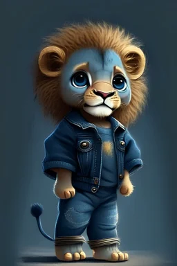 A cute lion and animation and wears dark Blue Jeans and baby and has fly