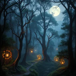 Scene from live-action fantasay movie. clockwork forest bathed in twilight, where brass trees tick with gears in cyberpunk elegance. Lush, mystical, and intricately detailed. shrouded in mist, moonlit glow, shadowed corners