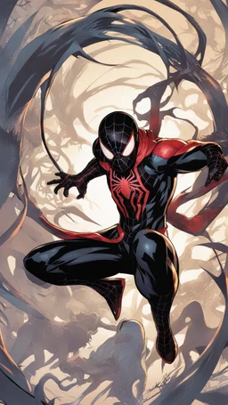 miles morales mix with venom symbiote in solo leveling shadow artstyle, demon lord them, intricate details, highly detailed, high details