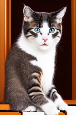 A young beautiful cat, portrait, is sitting on a piano, window behind with sight of Vienna