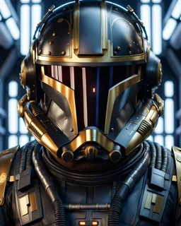 star wars bald male corellian pilot wearing dark gunmetal grey and black First Order special forces TIE pilot armored flightsuit and helmet with gold trim inside the jedi temple, centered head and shoulders portrait, hyperdetailed, dynamic lighting, hyperdetailed background, 8k resolution, volumetric lighting, light skin, fully symmetric details